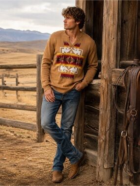 NWT Pendleton Men's Dark Mustard V-Neck Sweater with Geometric Jacquard XL